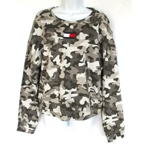 Nwt TOMMY HILFIGER Sport Women's M Grey Camo Cropped Top Sweatshirt w/ Logo